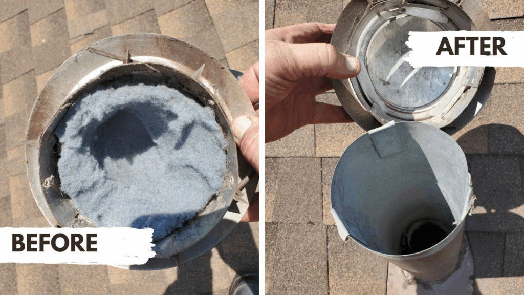 Before & after of a dryer vent cleaning